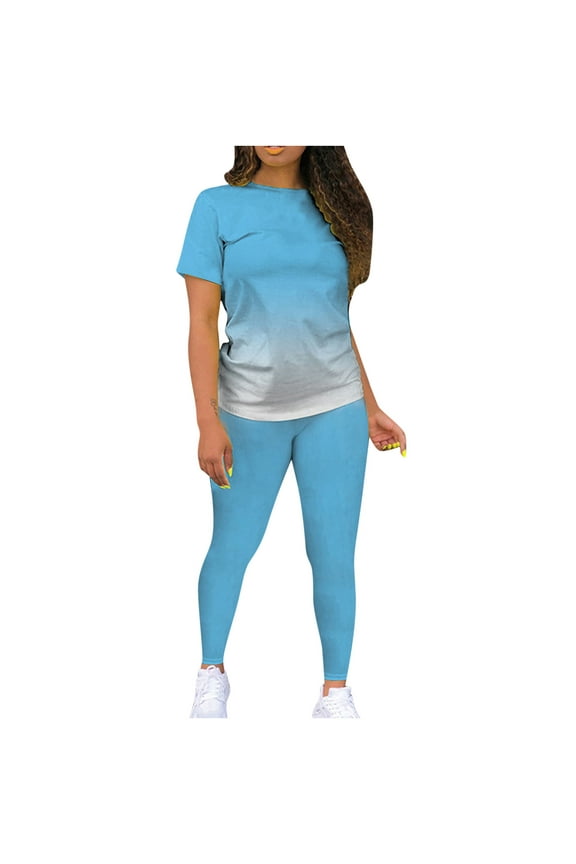2 Piece Outfits for Women Short Sleeve Print Top Jogger Legging Pants Workout Tracksuits Sets