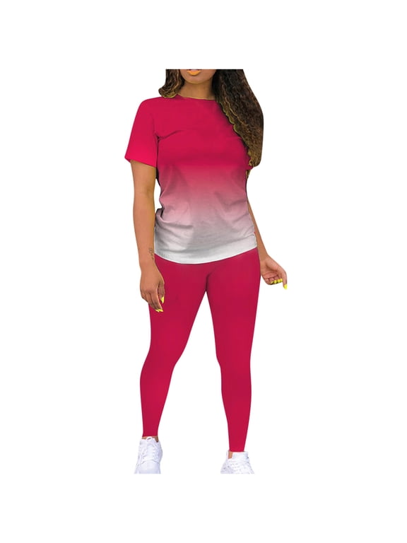 2 Piece Outfits for Women Short Sleeve Print Top Jogger Legging Pants Workout Tracksuits Sets
