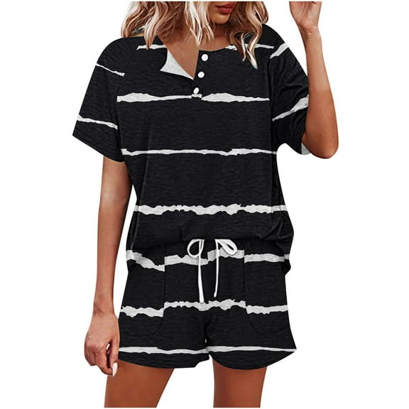 cfhntfmh 2 Piece Outfits for Women Summer Trendy Print Round Neck Buttons Tops Baggy Pocketed Shorts Loungewear Sets