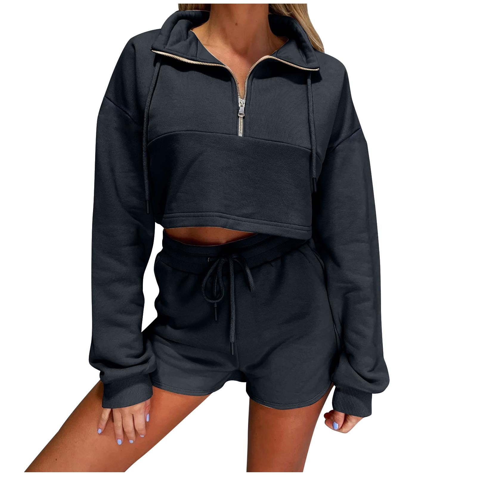 Half Zip Long Sleeve Hoodie and Pants 2pcs Outfit main image 0