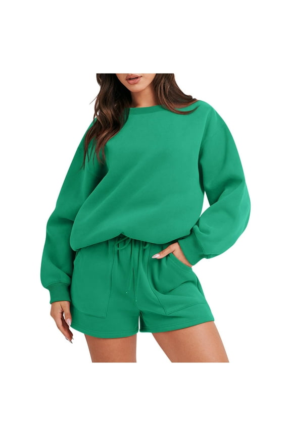 2 Piece Outfits for Women Wide Leg Shorts Sports Long Sleeve Sweatshirt Jogger Sweatsuits Sets with Pocket
