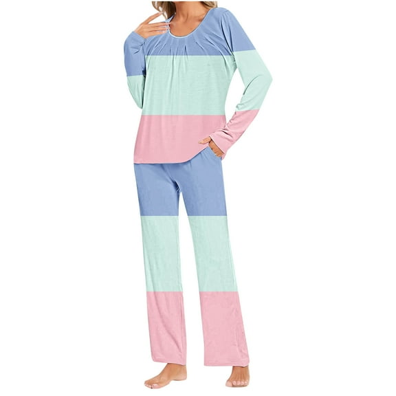 cfhntfmh 2 Piece Pajama Sets Women Sleepwear Crewneck Long Sleeve Pleated T-Shirts Lounge Wide Leg Pants Pjs Color Block Sets