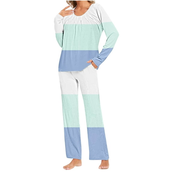cfhntfmh 2 Piece Pajama Sets Women Sleepwear Crewneck Long Sleeve Pleated T-Shirts Lounge Wide Leg Pants Pjs Color Block Sets