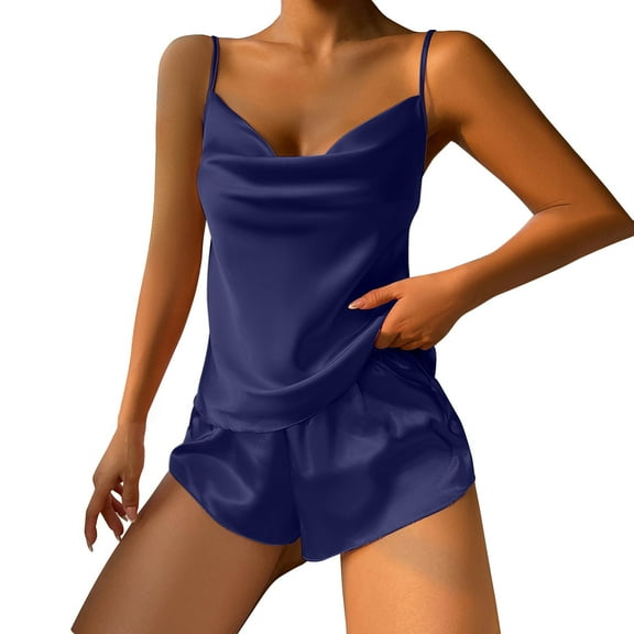 cfhntfmh 2 Piece Pajama Sets for Women Comfy Satin Sleeveless Spaghetti Strap Camisole Sleepwear Loose Shorts Pjs Sets