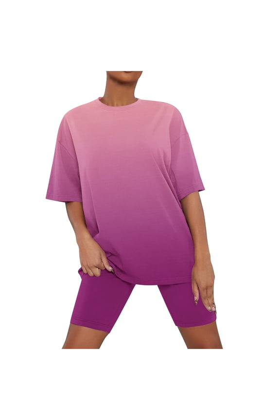 2 Piece Pajama Sets for Women Fashion Print Half Sleeve Crewneck Casual Tops Comfy Slim Biker Shorts Pjs Sets