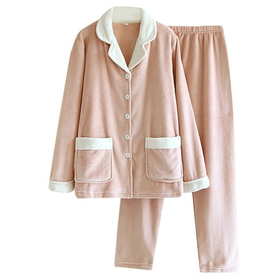 cfhntfmh 2 Piece Pajama Sets for Women Fuzzy Fleece Long Sleeve Collared Pocketed Buttons down Jackets Comfy Lounge Pants Sleepwear