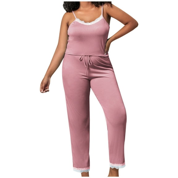 cfhntfmh 2 Piece Pajama Sets for Women Lace Trim Sleepwear Soft Camisole Capri Pants Ribbed Knit Pjs Nightwear Sets
