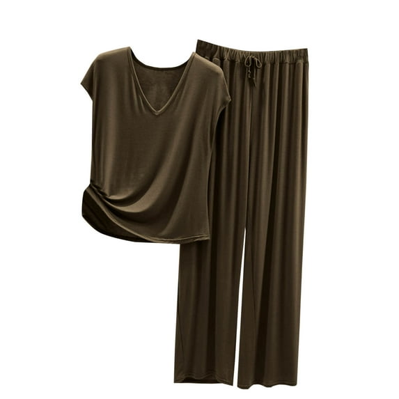 cfhntfmh 2 Piece Pajama Sets for Women Lounge V Neck Cap Sleeve Loose Shirts Soft Straight Leg Drawstring Pants Sleepwear Pjs Sets