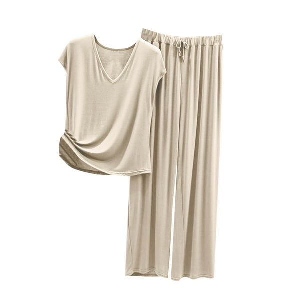 cfhntfmh 2 Piece Pajama Sets for Women Lounge V Neck Cap Sleeve Loose Shirts Soft Straight Leg Drawstring Pants Sleepwear Pjs Sets