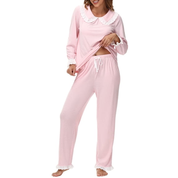 cfhntfmh 2 Piece Pajama Sets for Women Loungewear Fall Outfits Cute Lace Scoop Neck Pj Sets Soft Comfy Matching Outfits(Pink,Small)