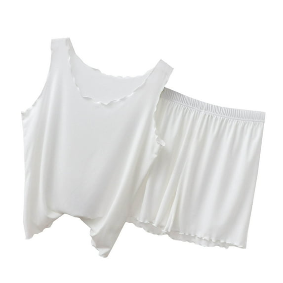 cfhntfmh 2 Piece Pajama Sets for Women Sleepwear Casual Sleeveless Crewneck Tank Tops Baggy Comfy Wide Leg Shorts Pjs Sets