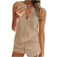 thumbnail image 1 of cfhntfmh 2 Piece Pajamas for Women Summer Knit Pj Set V Neck Sleeveless/Short Sleeve Top and Shorts Lounge Sets Tracksuits, 1 of 4
