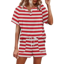 cfhntfmh 2 Piece Set for Women Striped Print Fashion Crewneck Buttons Short Sleeve T-Shirts Loose Shorts Outfits