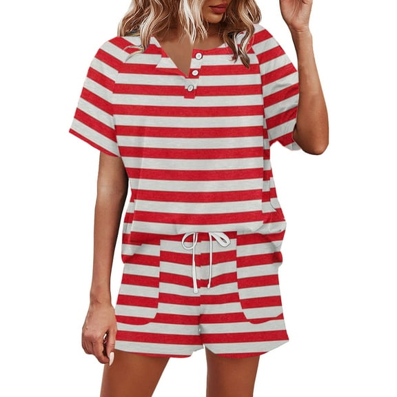 cfhntfmh 2 Piece Set for Women Striped Print Fashion Crewneck Buttons Short Sleeve T-Shirts Loose Shorts Outfits