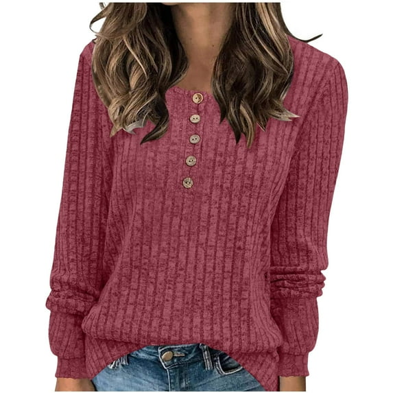 cfhntfmh 2025 Fashion Sweaters for Women Long Sleeve Crewneck Casual Loose Knit Ribbed Pullover Sweaters Tops Wine