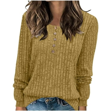 cfhntfmh 2024 Fashion Sweaters for Women Long Sleeve Crewneck Casual Loose Knit Ribbed Pullover Sweaters Tops Yellow