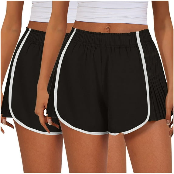 cfhntfmh 2pc Athletic Shorts for Women Mid Elastic Waist Pleated Workout Shorts Color Block Stretchy Gym Fitness Shorts