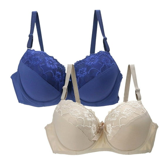 cfhntfmh 2pc Plus Size Bras for Women Lace Front Bow Knot Full Coverage Bras Comfortable Adjustable Strap T-Shirts Bras
