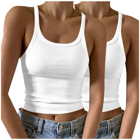 cfhntfmh 2pc Tank Tops for Women Casual Summer Sleeveless Scoop Neck Slim Crop Shirts Ribbed Knit Basic Camisole
