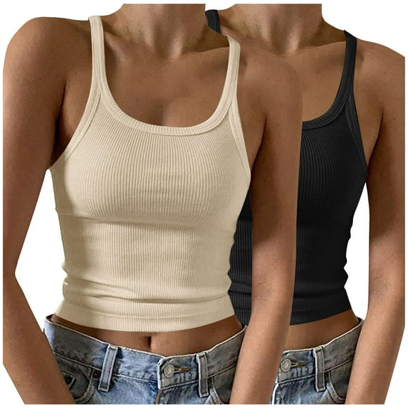 cfhntfmh 2pc Tank Tops for Women Casual Summer Sleeveless Scoop Neck Slim Crop Shirts Ribbed Knit Basic Camisole