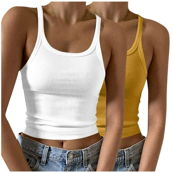 cfhntfmh 2pc Tank Tops for Women Casual Summer Sleeveless Scoop Neck Slim Crop Shirts Ribbed Knit Basic Camisole