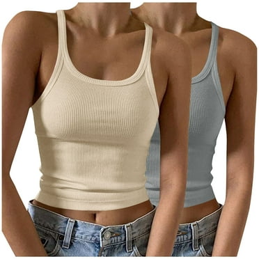 cfhntfmh 2pc Tank Tops for Women 2024 Casual Summer Sleeveless Scoop Neck Slim Crop Shirts Ribbed Knit Basic Camisole