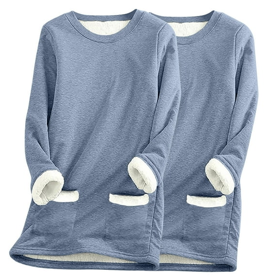 cfhntfmh 2pc Winter Warm Sweatshirt for Women Fleece Lined Long Sleeve Basic Tops Comfy Crewneck Thermal Pullover Shirts
