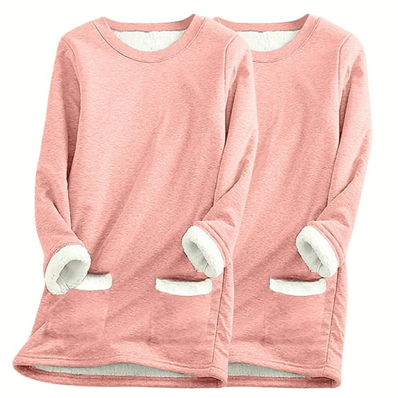 cfhntfmh 2pc Winter Warm Sweatshirt for Women Fleece Lined Long Sleeve Basic Tops Comfy Crewneck Thermal Pullover Shirts