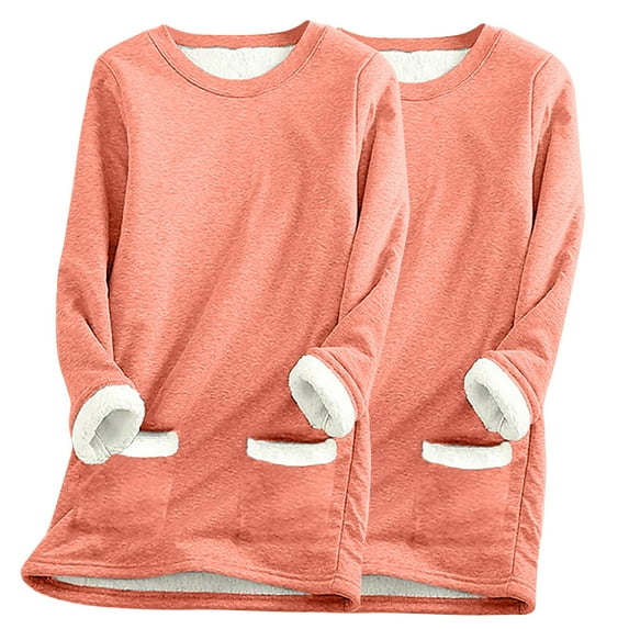 cfhntfmh 2pc Winter Warm Sweatshirt for Women Fleece Lined Long Sleeve Basic Tops Comfy Crewneck Thermal Pullover Shirts