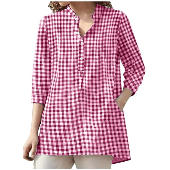 cfhntfmh 3/4 Length Sleeve Shirts for Women Fashion V Neck Collared Buttons up Blouses Summer Casual Loose Plaid Tunic Tops