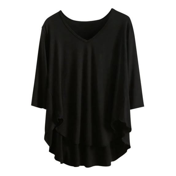 cfhntfmh 3/4 Sleeve Sleep Shirt for Women Lightweight Breathable Pajama Top V Neck Curvy Hem Modal Sleepwear Loungewear(Black,Large)