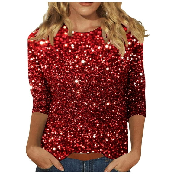 cfhntfmh 3/4 Sleeve Tops for Women Casual Crewneck Sparkly Tees Plus Size Trendy Printed Gradient Color T-Shirts