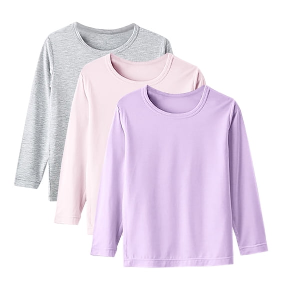 cfhntfmh 3 Pc Soft T-Shirts for Kids Long Sleeve Boys Girls Sleep Shirt Crewneck Lightweight Base Layer (Multicolor mc17,14-15 Years)