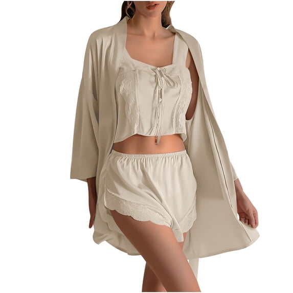 cfhntfmh 3 Piece Pajamas Sets for Women Lace-Trim Tank Top and Shorts with Robe Nightgown Summer Trendy Lounge Sets