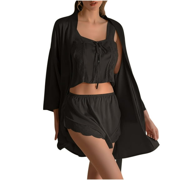 cfhntfmh 3 Piece Pajamas Sets for Women Lace-Trim Tank Top and Shorts with Robe Nightgown Summer Trendy Lounge Sets