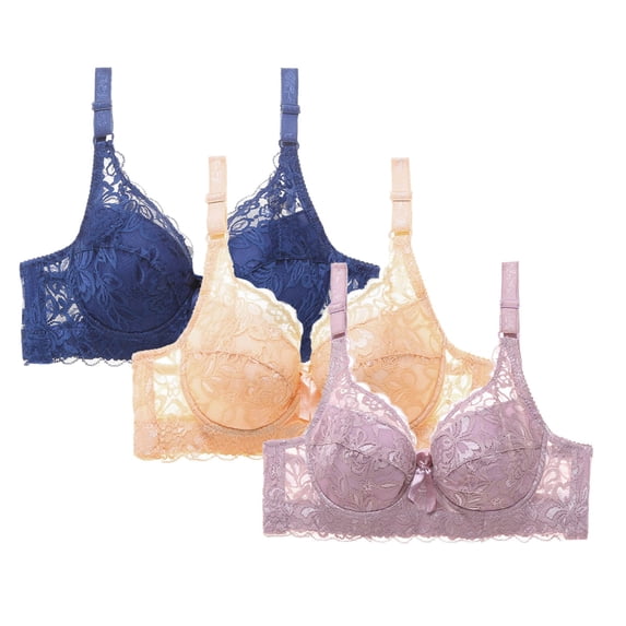 cfhntfmh 3pc Lace Bras for Women Plus Size Push up Bralettes with No Underwire Full Coverage Unpadded Bra Floral Everyday Bras