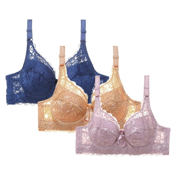 cfhntfmh 3pc Lace Bras for Women Plus Size Push up Bralettes with No Underwire Full Coverage Unpadded Bra Floral Everyday Bras