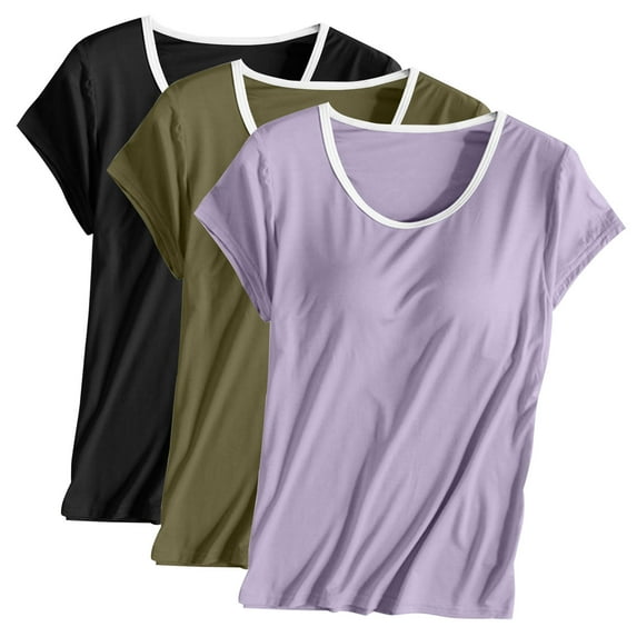 cfhntfmh 3pc Womens Sleep Shirts Lounge Color Block Loose Scoop Neck Soft Tops Built in Bras Comfy Sleepwear Pajama T-Shirts