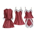 thumbnail image 1 of cfhntfmh 4 Piece Satin Pajama Sets for Women Lace Trim Long Sleeve Belted Cardigan Camisole Dress Cami Tops Comfy Shorts Pjs Sets, 1 of 3
