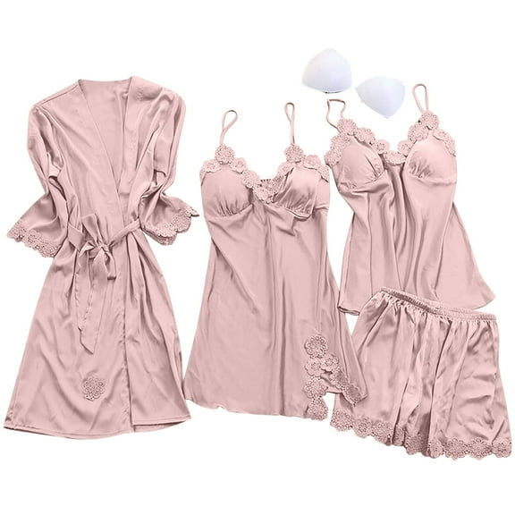 cfhntfmh 4pc Pajama Sets for Women Satin Lace Long Sleeve Robe and Comfy Dress Padded Sleepwear Soft Loose Shorts
