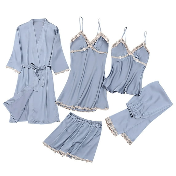 cfhntfmh 5 Piece Pajama Sets for Women Sleepwear Cute Satin Lace Trim Loungewear Comfy Pjs Nightwear Sets