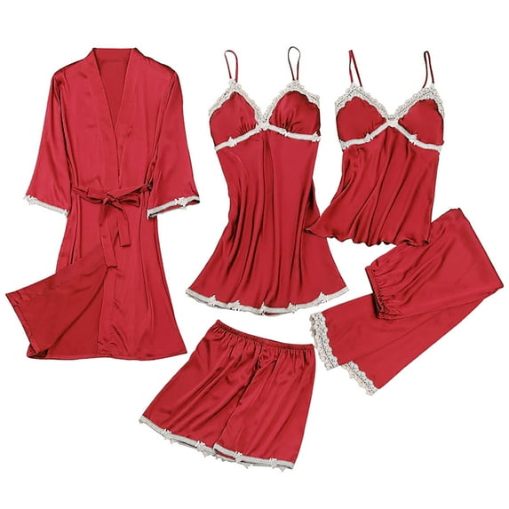 cfhntfmh 5 Piece Pajama Sets for Women Sleepwear Cute Satin Lace Trim Loungewear Comfy Pjs Nightwear Sets