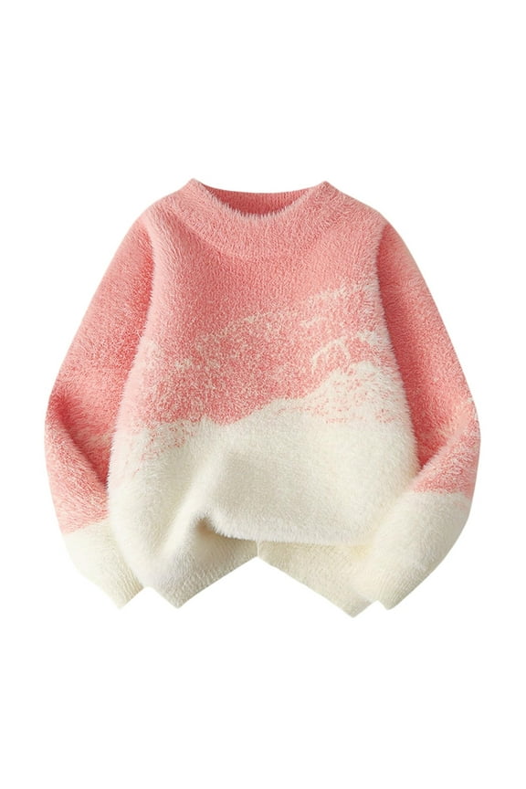 Baby Boys Girls Knit Sweater Fuzzy Pullover Toddler Kids Clothes Long Sleeve Crewneck Gradient Color Fall Winter Pullover