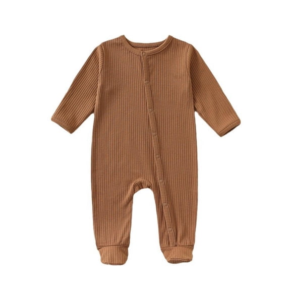cfhntfmh Baby Footie Sleeper Button Infant Boys Girls Clothes Ribbed Knit Long Sleeve Round Neck Rompers (Coffee,9-12 Months)