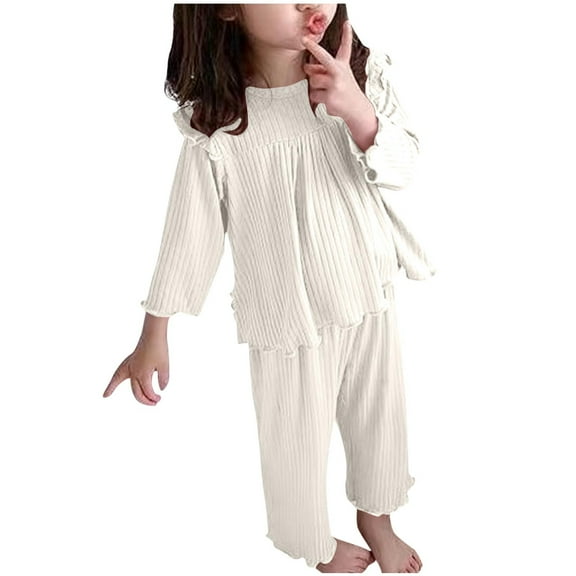cfhntfmh Baby Pajamas Set Loose Ribbed Ruffle Long Sleeve Cotton Sleepwear Casual Pants 2PCS Toddler Boy Girl Outfits 2-7Y