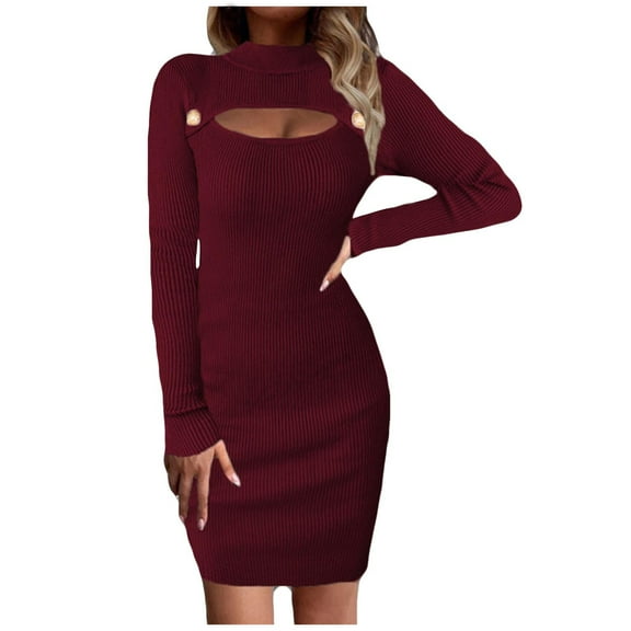 cfhntfmh Bodycon Dresses for Women Fall Comfy Long Sleeve Knit Sweater Dress Cutout Cocktail Party Slim Mini Dress