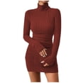 thumbnail image 1 of cfhntfmh Bodycon Dresses for Women Ribbed Ruched Long Sleeve Party Dress Slim Fashion High Neck Short Knit Sweater Dress, 1 of 7