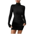 thumbnail image 1 of cfhntfmh Bodycon Dresses for Women Ribbed Ruched Long Sleeve Party Dress Slim Fashion High Neck Short Knit Sweater Dress, 1 of 7