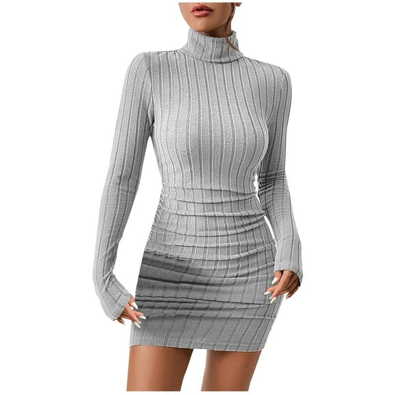 cfhntfmh Bodycon Dresses for Women Ribbed Ruched Long Sleeve Party Dress Slim Fashion High Neck Short Knit Sweater Dress