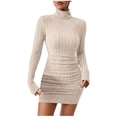thumbnail image 1 of cfhntfmh Bodycon Dresses for Women Ribbed Ruched Long Sleeve Party Dress Slim Fashion High Neck Short Knit Sweater Dress, 1 of 7